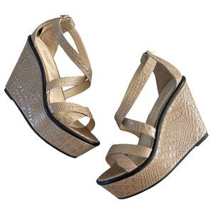 Talbots Strappy‎ Sandals Wedge Platform Back Zip Croc Embossed Taupe 8.5 $159